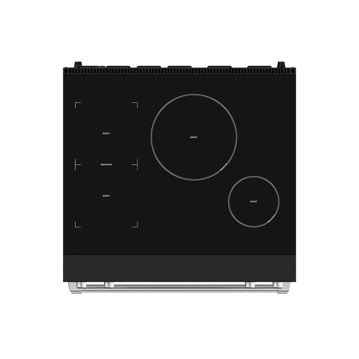 Top view of black induction cooktop with large and small circular burner zones