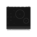Top view of black induction cooktop with large and small circular burner zones