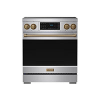 Stainless steel professional induction range with tilt panel touch controls and bronze accents