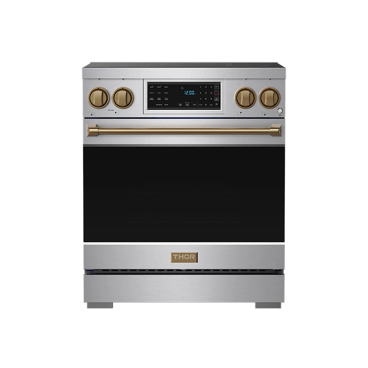 Stainless steel professional induction range with tilt panel touch controls and bronze accents