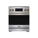 Stainless steel professional induction range with tilt panel touch controls and bronze accents