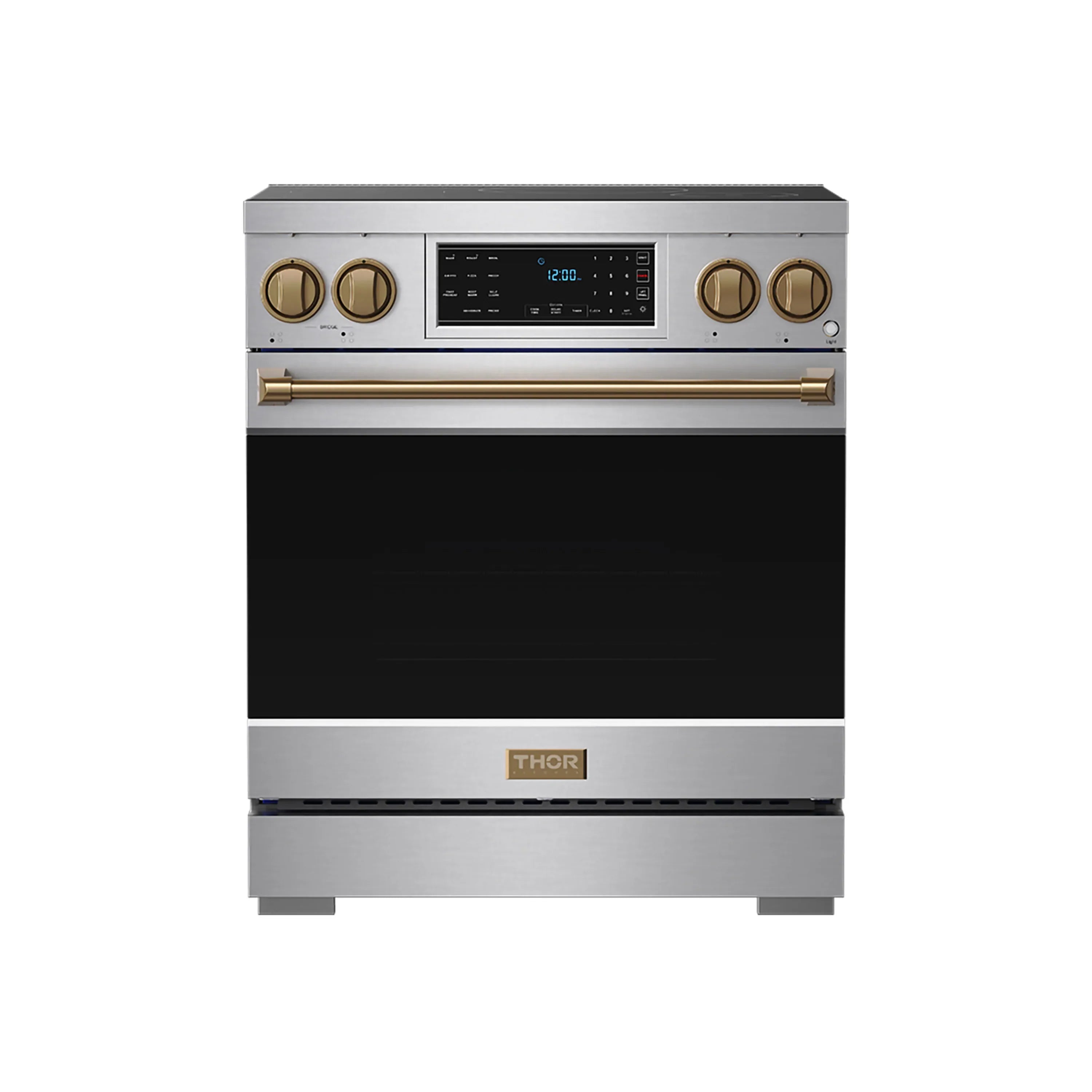 30-inch stainless steel induction range with bronze knobs and control panel, black glass door