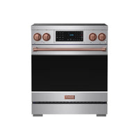 Stainless steel induction range front with rose gold knobs, control panel, and handle trim