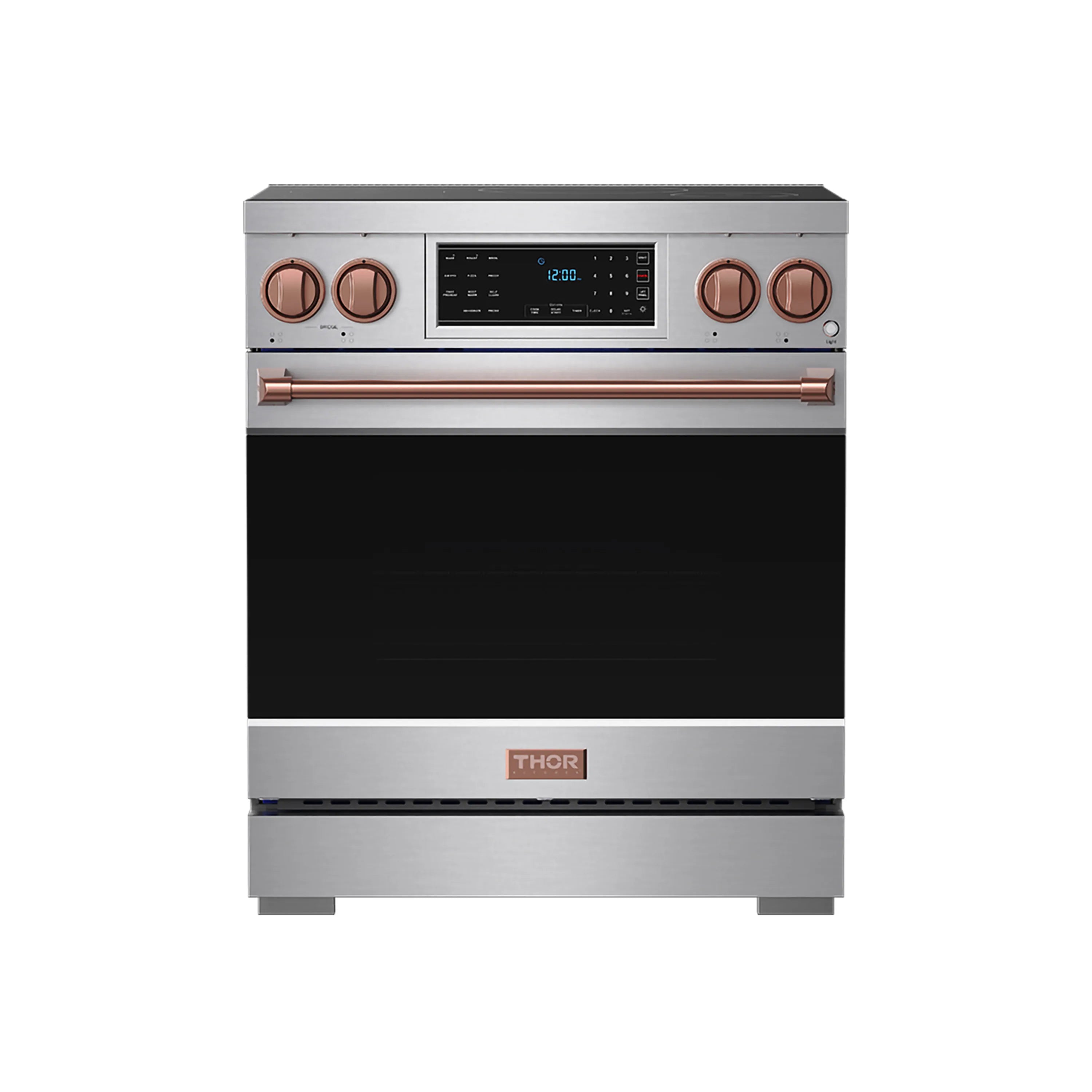 Stainless steel induction range front with rose gold knobs, control panel, and handle trim