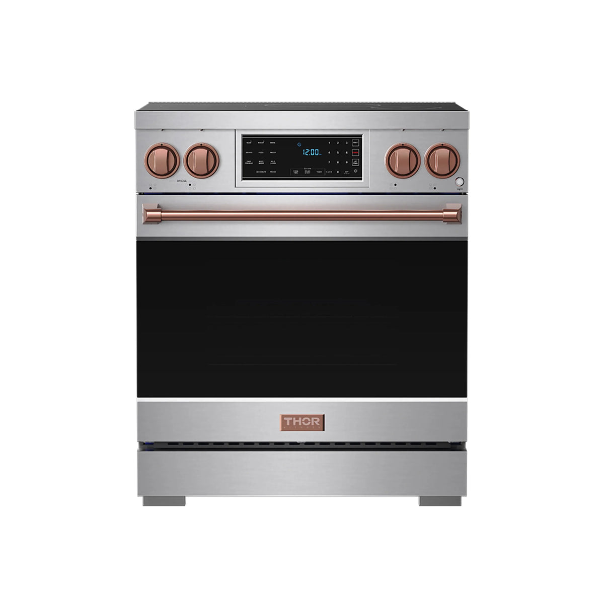 Stainless steel induction range front with rose gold knobs, control panel, and handle trim