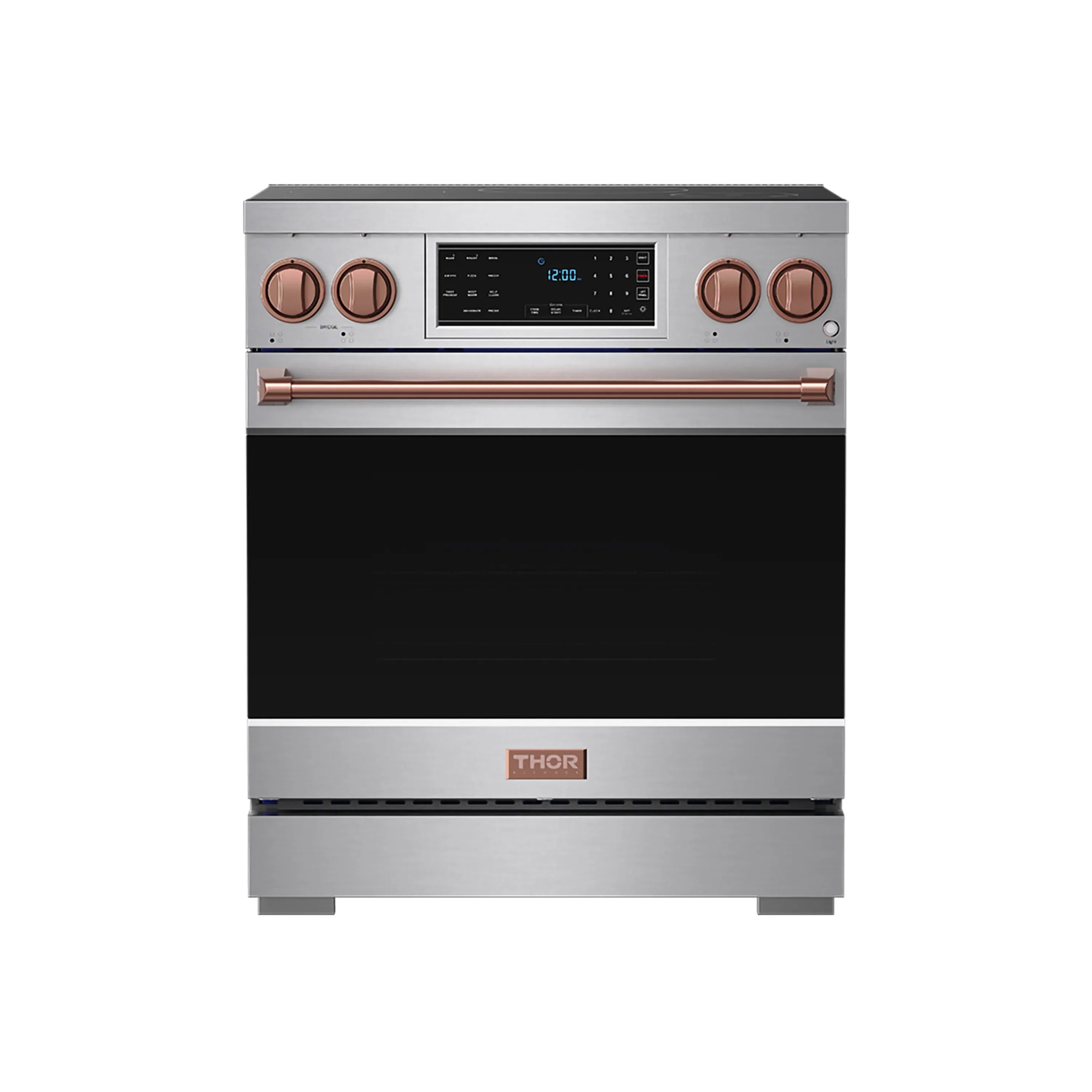 Stainless steel front view of an induction range with black glass cooktop and copper knobs