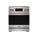 Stainless steel induction range front with rose gold knobs, control panel, and handle trim