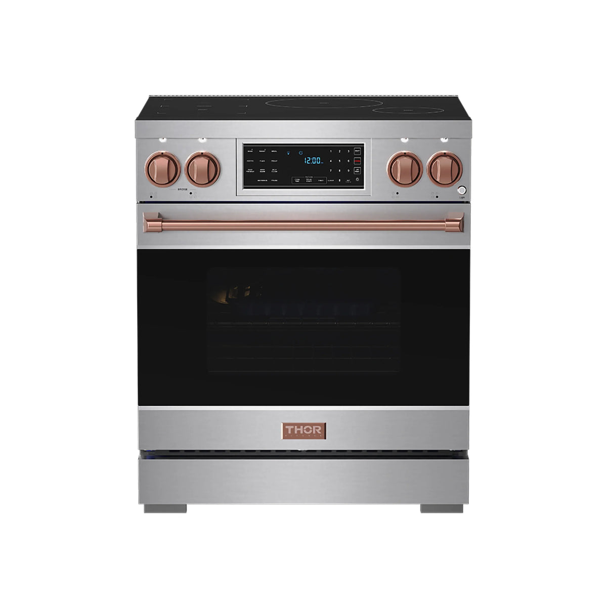 Front view of stainless induction range with black oven window and copper-trimmed control panel