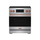 Stainless steel induction range front view with black oven door and rose gold control knobs