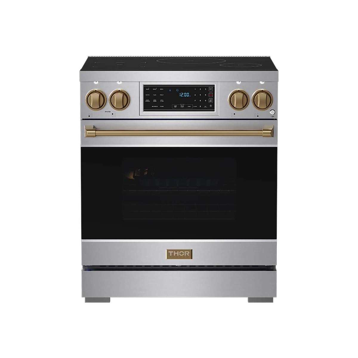 Stainless steel induction range with tilt touch control panel, bronze knobs, and black glass