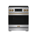 Stainless steel induction range with tilt touch control panel, bronze knobs, and black glass