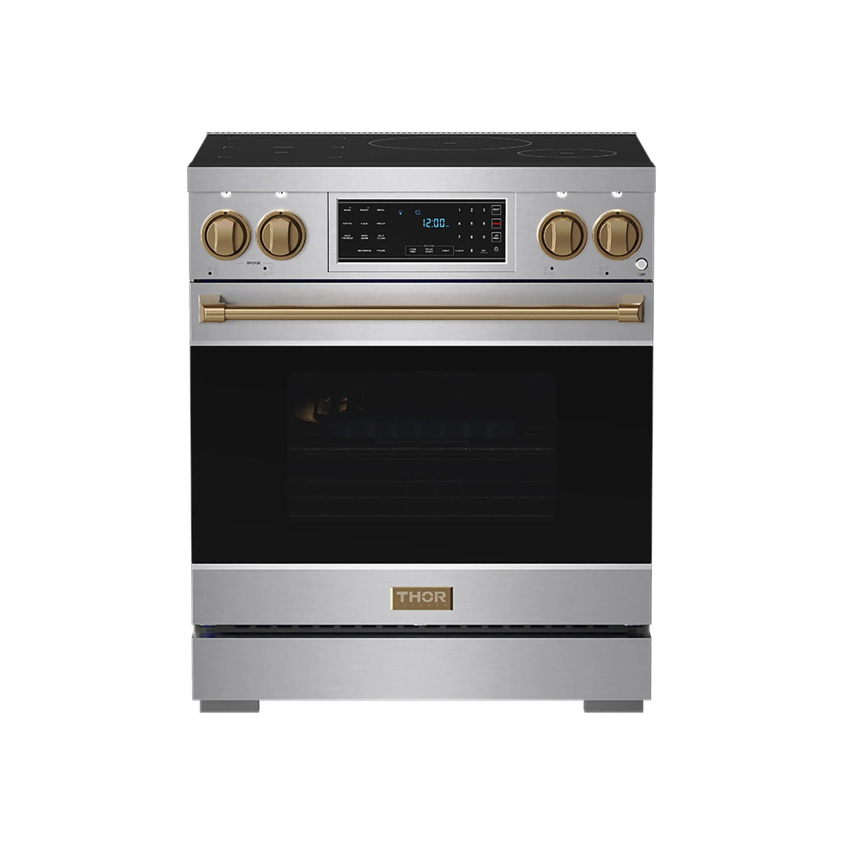 Stainless steel induction range with bronze knobs, black oven door, and front display panel
