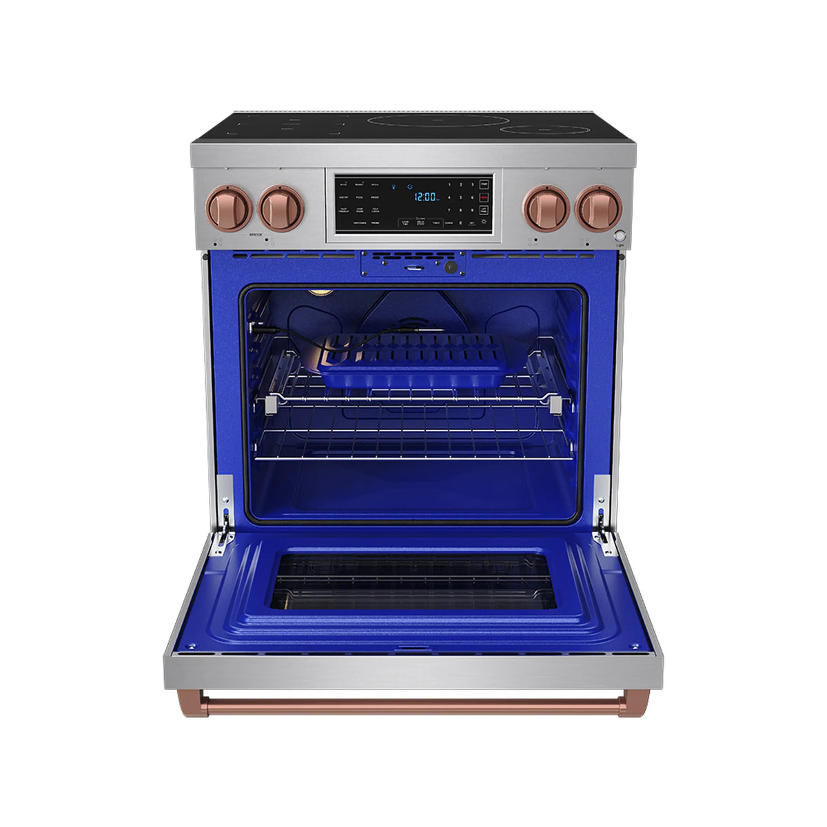 Oven interior view of induction range with blue racks and open door