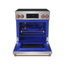 Stainless steel induction range with open oven door, racks inside, and rose gold accents