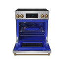 Stainless steel induction range with oven door open, showing blue interior racks and tray