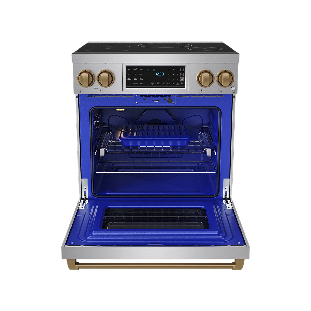 Induction range oven door open showing blue interior and full rack