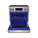 Stainless steel induction range with open blue oven door and rose gold trim
