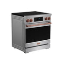 Stainless steel induction range with black oven door and rose gold handle, knobs