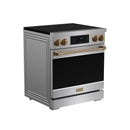 Stainless steel induction range side view with bronze handle trim and tilt touch control panel