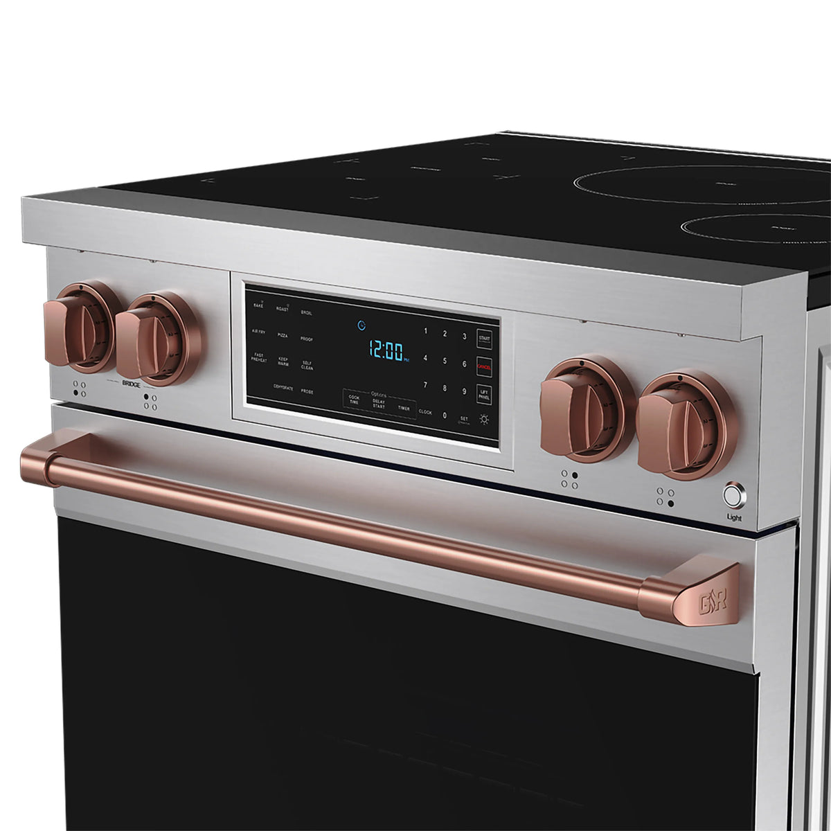 Stainless steel induction range control panel with rose gold knobs and long rose trim handle