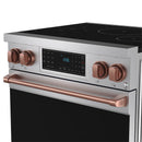 Stainless steel induction range control panel with rose gold knobs and long rose trim handle