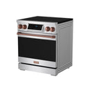Stainless steel induction range with black oven door and rose gold control knobs