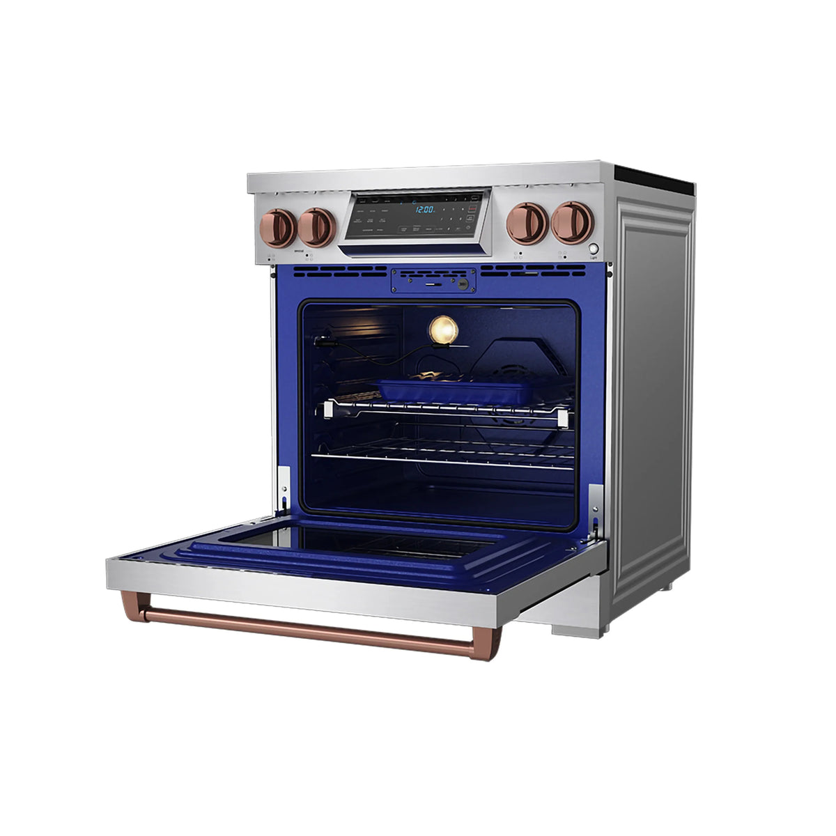 Stainless steel induction range with oven door open; blue oven interior and front control panel
