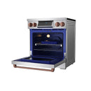 Stainless steel induction range with open oven door and rose gold trim handle