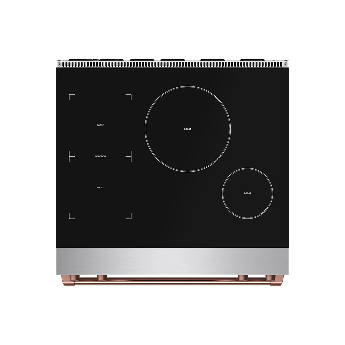 Induction range cooktop with circular heating zones and control markings on black glass