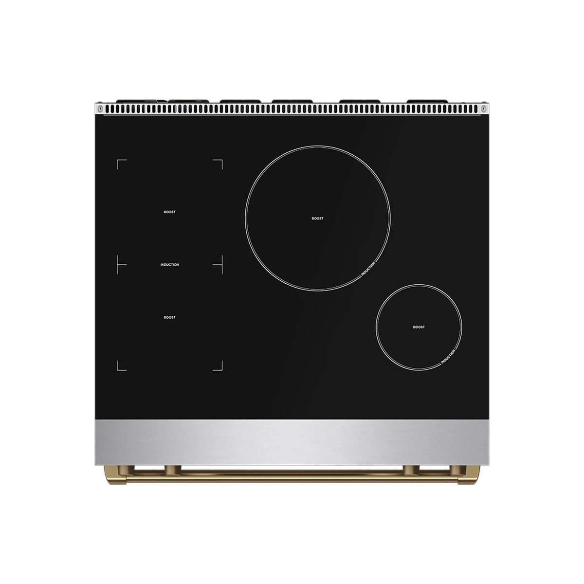 Induction cooktop with smooth black ceramic surface and circular burner zones
