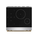 Stainless steel induction cooktop with black glass, large center burner, and touch markings