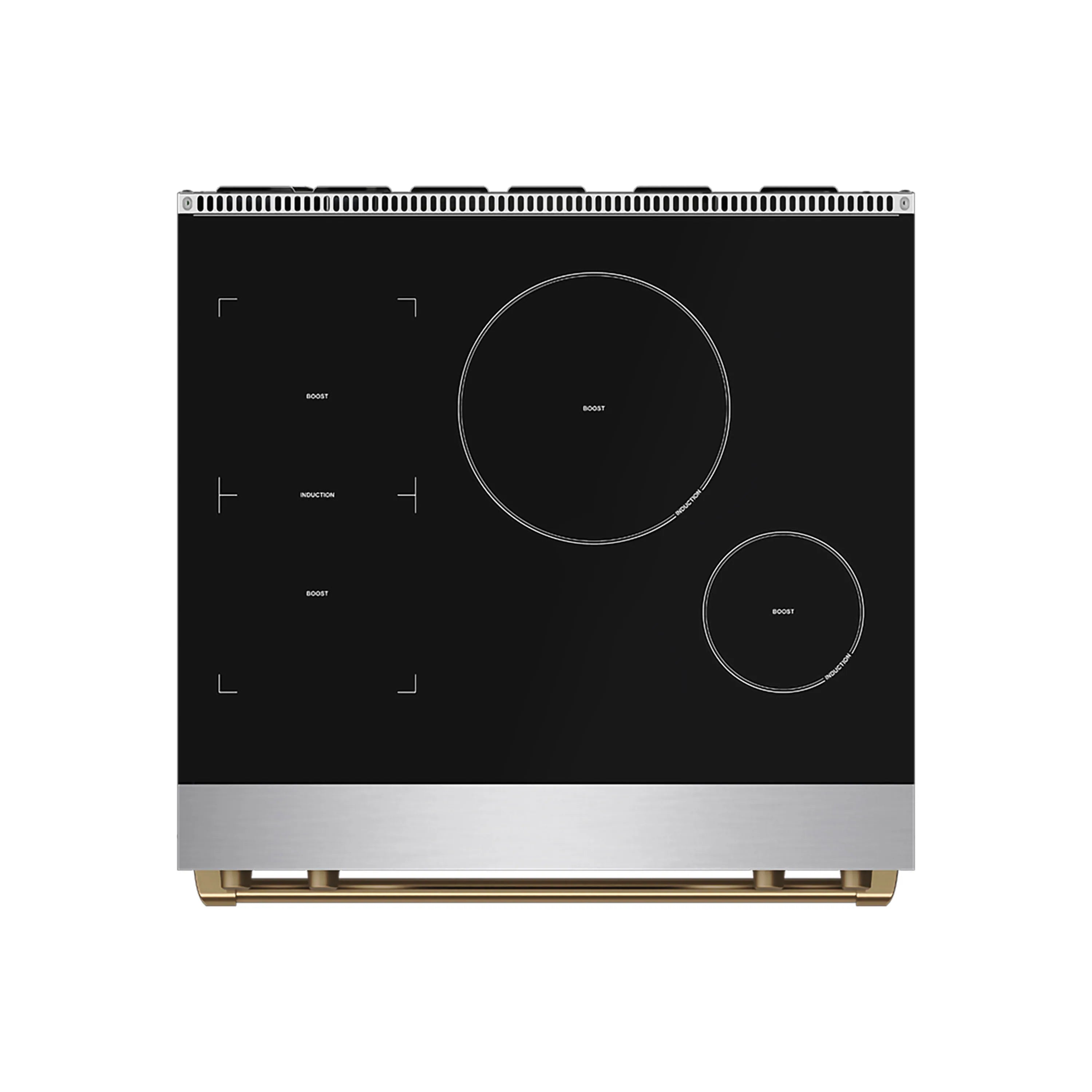 Stainless steel induction cooktop with black glass, large center burner, and touch markings