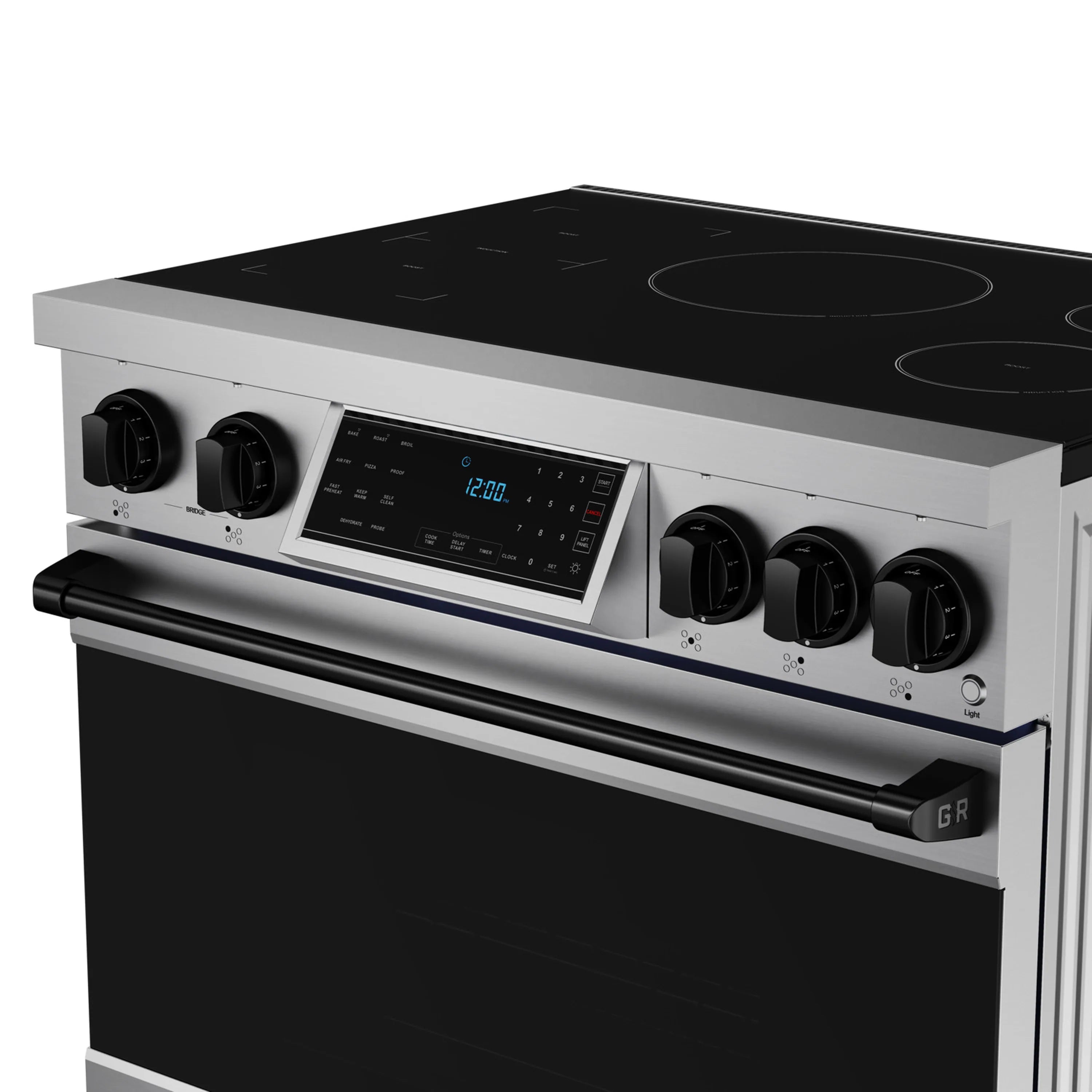 Stainless steel induction range with black cooktop and touch control panel