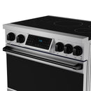 Stainless steel induction range with black cooktop and touch control panel