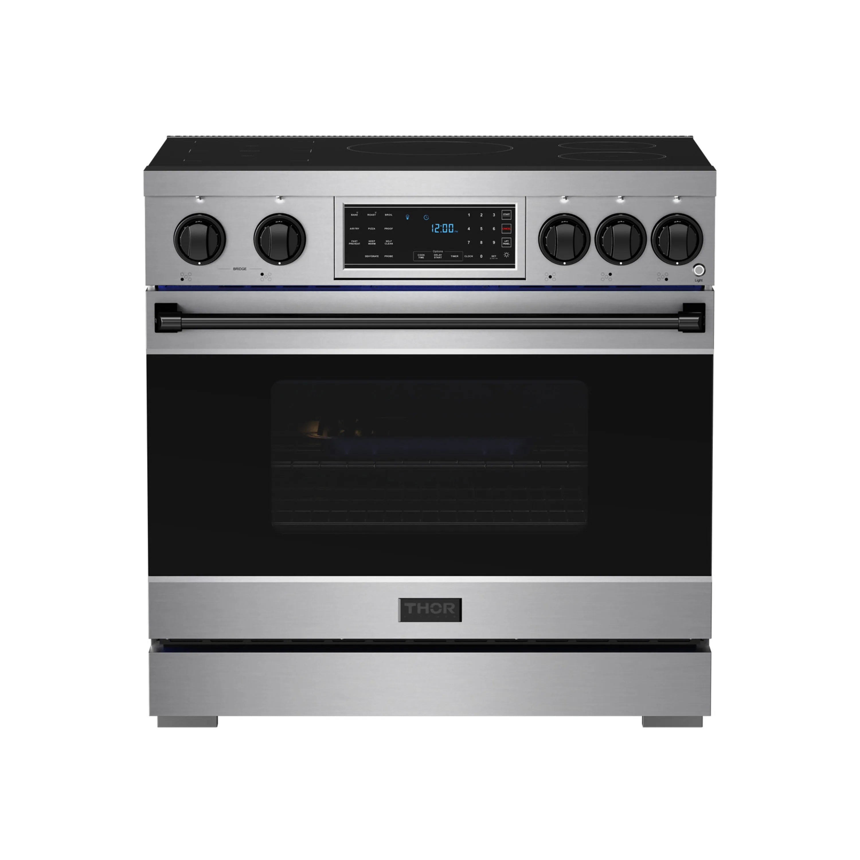 Stainless steel induction range front view with dark oven window and control panel