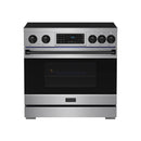 Stainless steel induction range front view with dark oven window and control panel