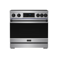 Stainless steel induction range front view with black oven door and touch display