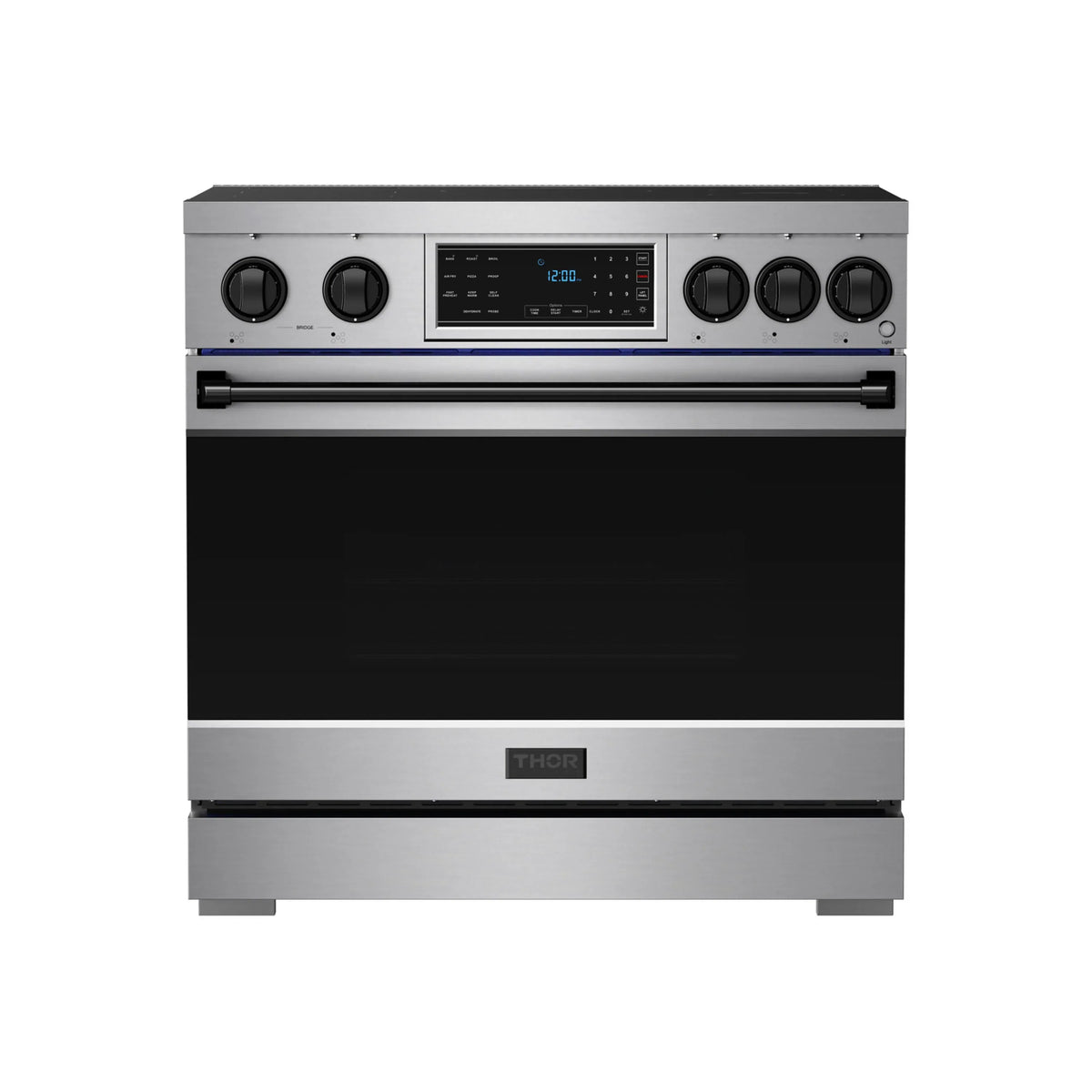 Stainless steel induction range front view with black oven door and touch display