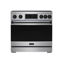 Stainless steel induction range front view with black oven door and touch display