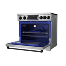 Induction range with open oven and blue interior, wire rack and black cooktop