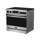 Stainless steel induction range side view with black cooktop and control knobs