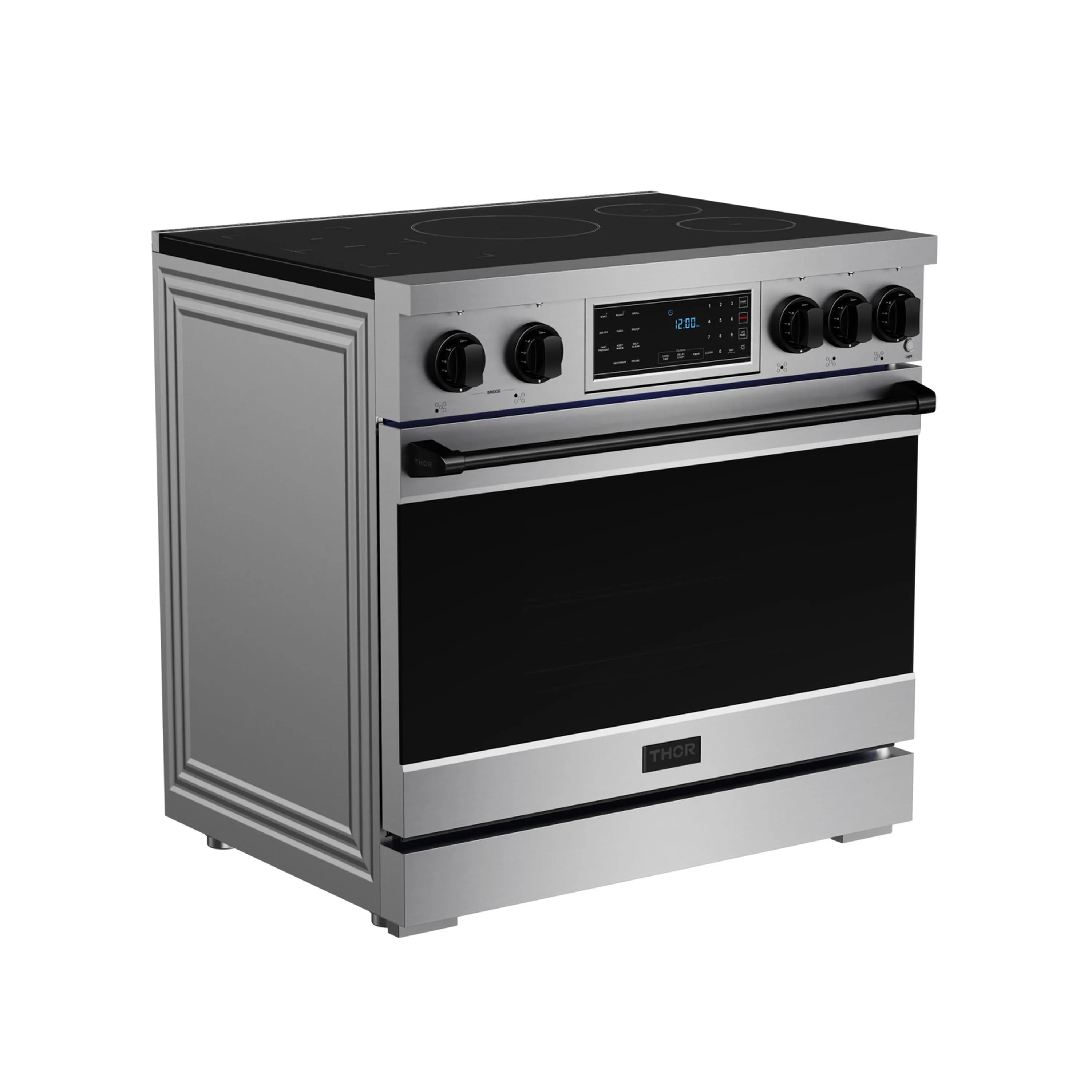 Stainless steel induction range with black oven door and touch control display