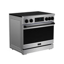 Stainless steel induction range with black oven door and touch control display
