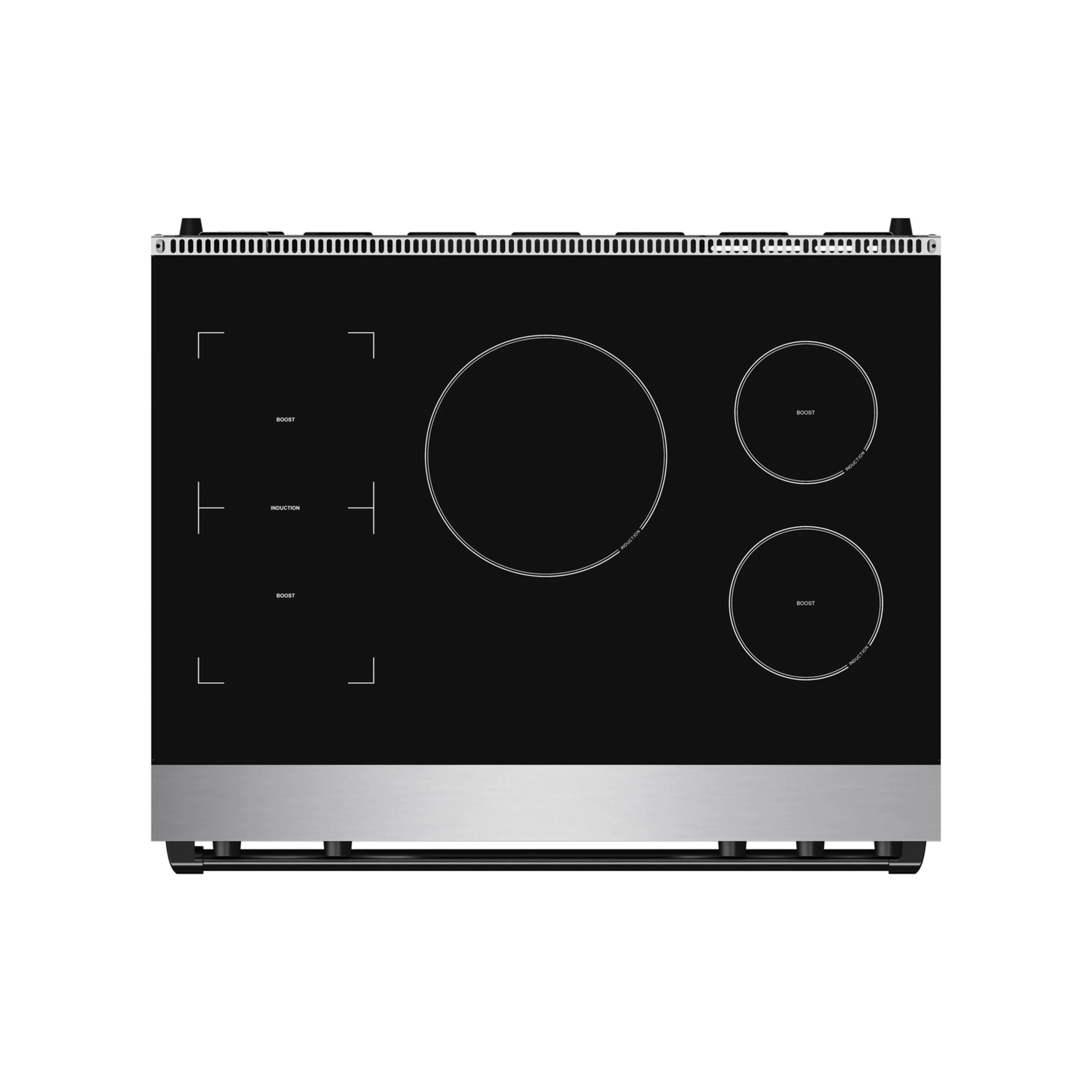 Black glass induction cooktop with circular burner zones and control icons