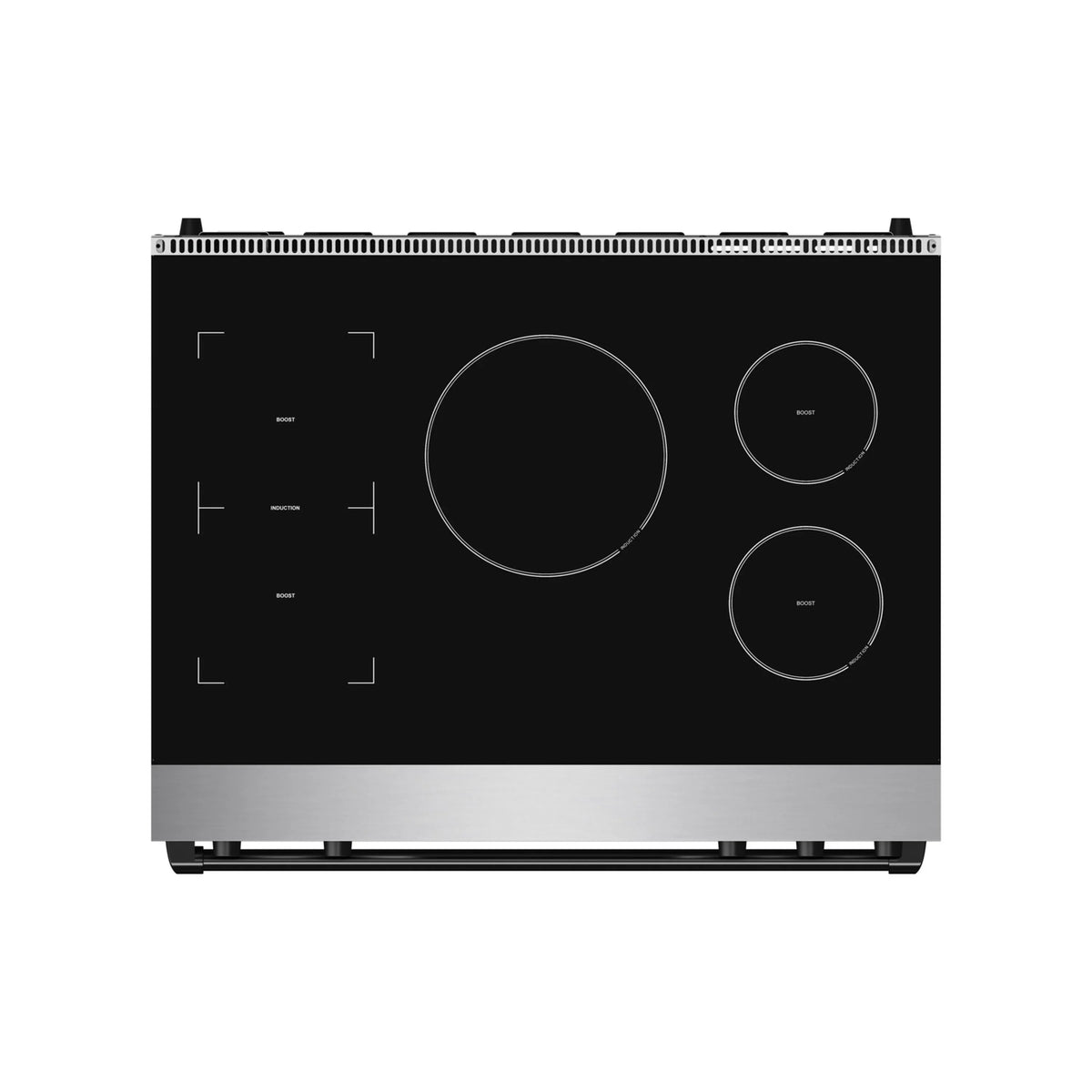 Black induction cooktop with four circular burner zones and glossy control lines