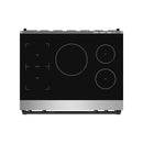 Black glass induction cooktop with circular burner zones and control icons