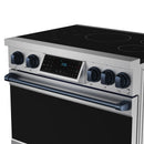 Stainless induction range front corner view with touch display and blue accent trim