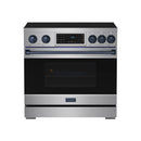 Stainless induction range with open oven door and blue-trim control panel