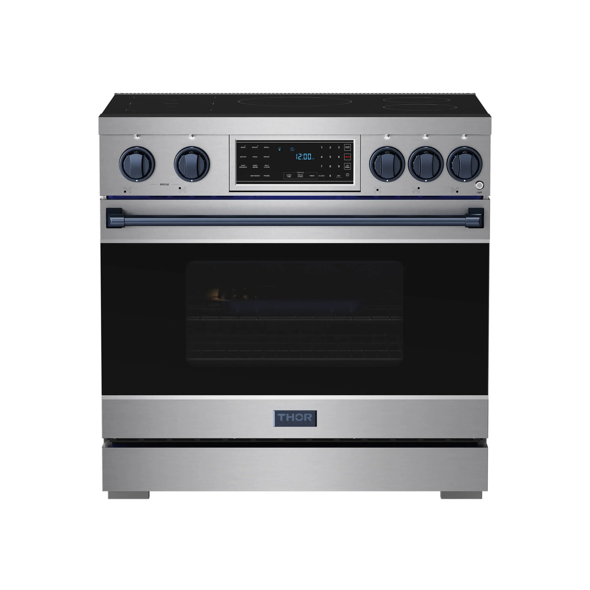 Front view of stainless induction range with blue trim and dark oven door window.