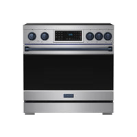 Stainless induction range with blue-trim control panel and black glass oven door